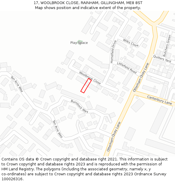 17, WOOLBROOK CLOSE, RAINHAM, GILLINGHAM, ME8 8ST: Location map and indicative extent of plot