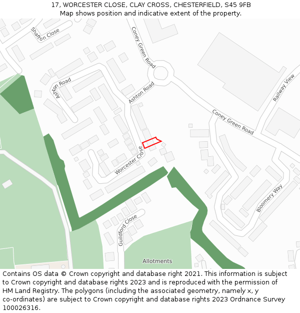 17, WORCESTER CLOSE, CLAY CROSS, CHESTERFIELD, S45 9FB: Location map and indicative extent of plot
