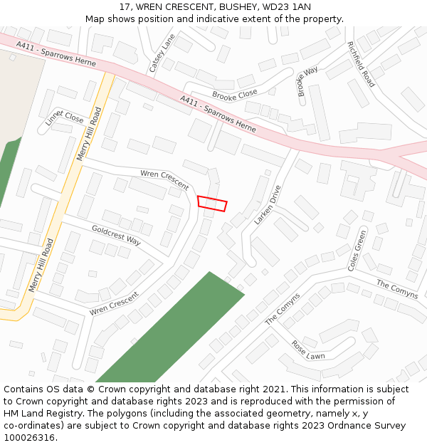 17, WREN CRESCENT, BUSHEY, WD23 1AN: Location map and indicative extent of plot