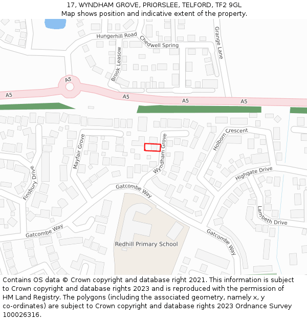 17, WYNDHAM GROVE, PRIORSLEE, TELFORD, TF2 9GL: Location map and indicative extent of plot