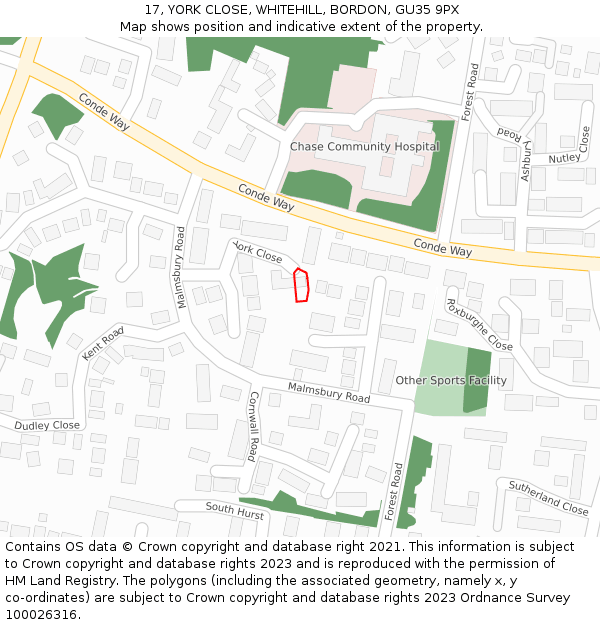 17, YORK CLOSE, WHITEHILL, BORDON, GU35 9PX: Location map and indicative extent of plot