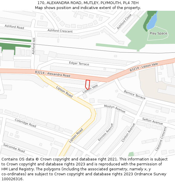 170, ALEXANDRA ROAD, MUTLEY, PLYMOUTH, PL4 7EH: Location map and indicative extent of plot