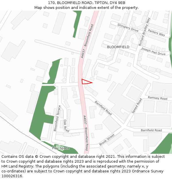 170, BLOOMFIELD ROAD, TIPTON, DY4 9EB: Location map and indicative extent of plot