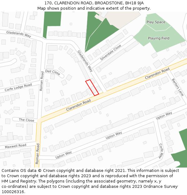 170, CLARENDON ROAD, BROADSTONE, BH18 9JA: Location map and indicative extent of plot