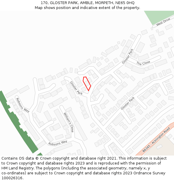 170, GLOSTER PARK, AMBLE, MORPETH, NE65 0HQ: Location map and indicative extent of plot