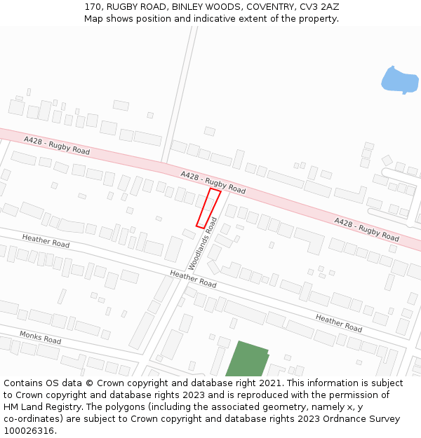 170, RUGBY ROAD, BINLEY WOODS, COVENTRY, CV3 2AZ: Location map and indicative extent of plot