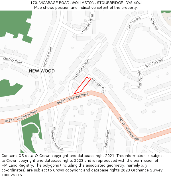 170, VICARAGE ROAD, WOLLASTON, STOURBRIDGE, DY8 4QU: Location map and indicative extent of plot