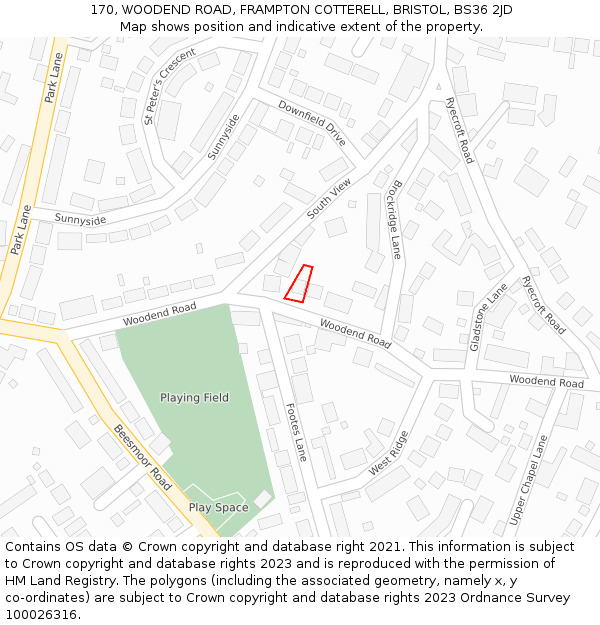 170, WOODEND ROAD, FRAMPTON COTTERELL, BRISTOL, BS36 2JD: Location map and indicative extent of plot