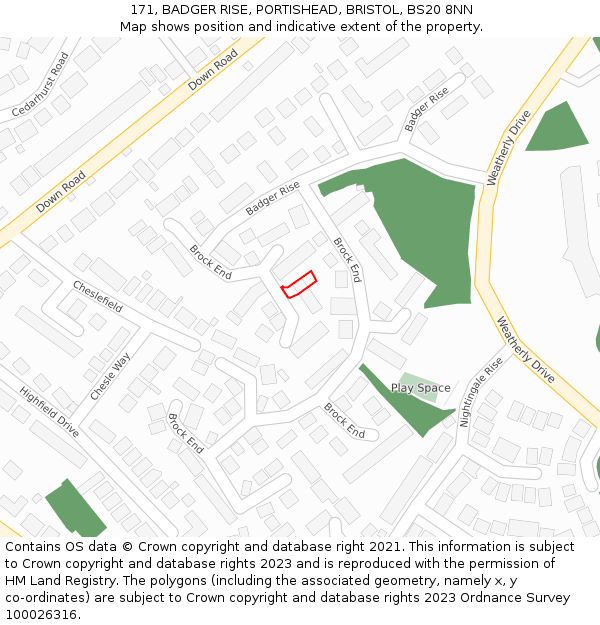 171, BADGER RISE, PORTISHEAD, BRISTOL, BS20 8NN: Location map and indicative extent of plot