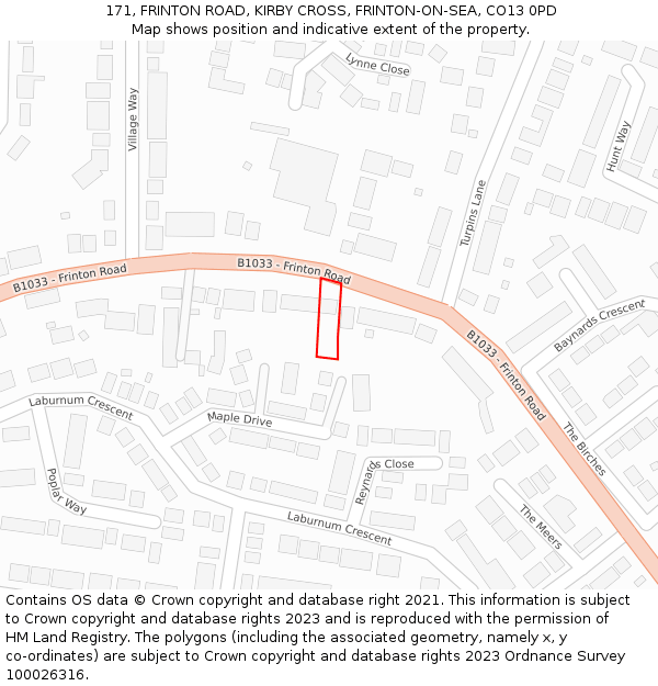 171, FRINTON ROAD, KIRBY CROSS, FRINTON-ON-SEA, CO13 0PD: Location map and indicative extent of plot