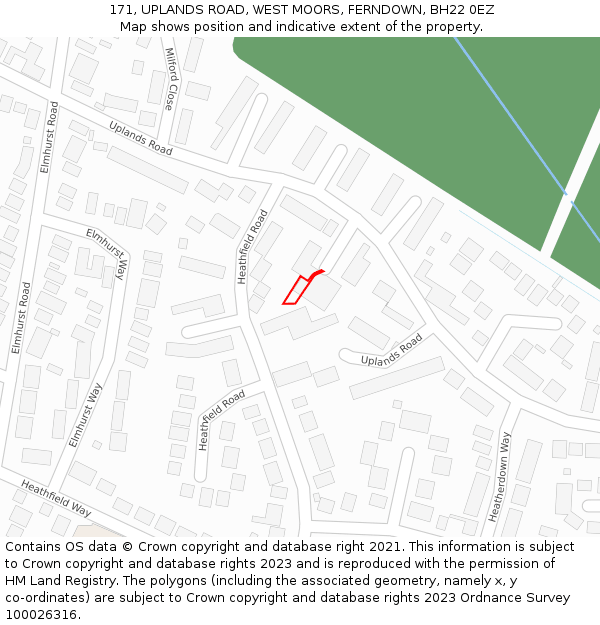 171, UPLANDS ROAD, WEST MOORS, FERNDOWN, BH22 0EZ: Location map and indicative extent of plot