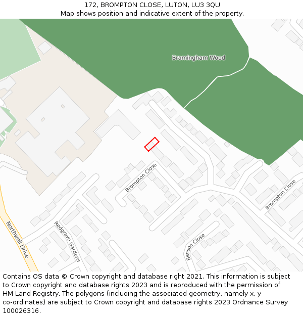 172, BROMPTON CLOSE, LUTON, LU3 3QU: Location map and indicative extent of plot