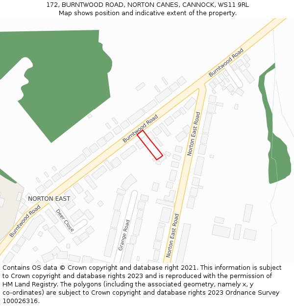 172, BURNTWOOD ROAD, NORTON CANES, CANNOCK, WS11 9RL: Location map and indicative extent of plot