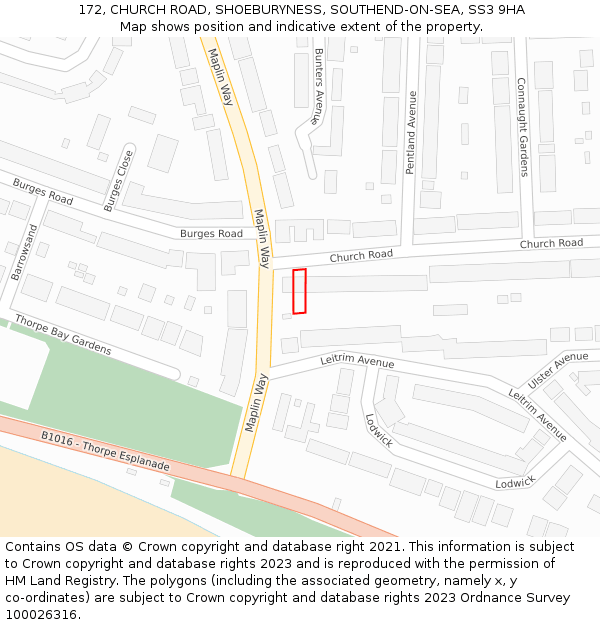 172, CHURCH ROAD, SHOEBURYNESS, SOUTHEND-ON-SEA, SS3 9HA: Location map and indicative extent of plot