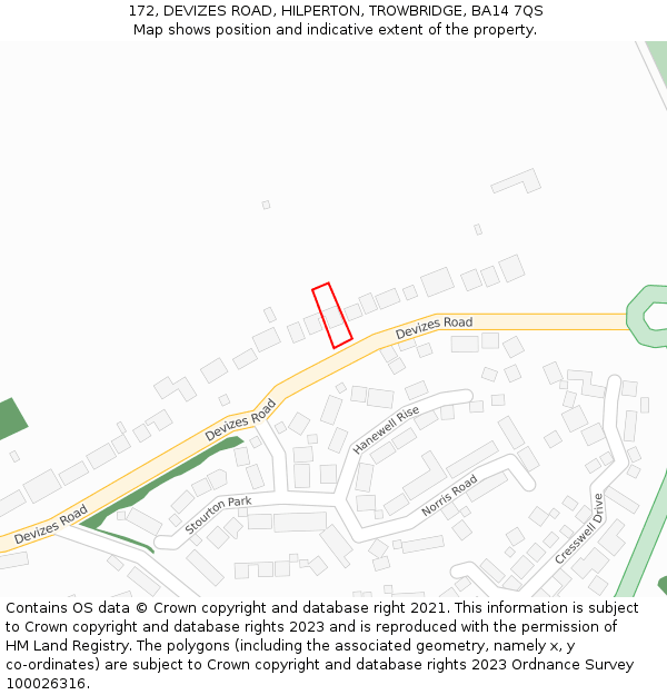172, DEVIZES ROAD, HILPERTON, TROWBRIDGE, BA14 7QS: Location map and indicative extent of plot