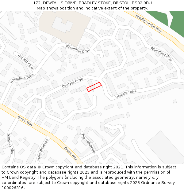 172, DEWFALLS DRIVE, BRADLEY STOKE, BRISTOL, BS32 9BU: Location map and indicative extent of plot