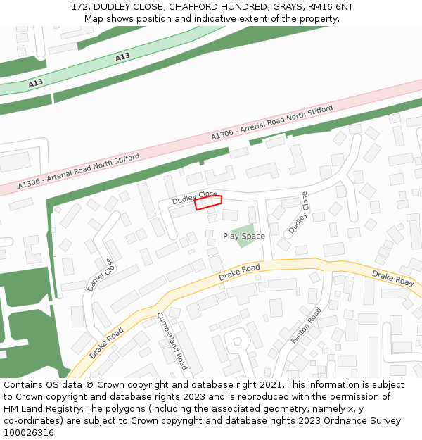 172, DUDLEY CLOSE, CHAFFORD HUNDRED, GRAYS, RM16 6NT: Location map and indicative extent of plot