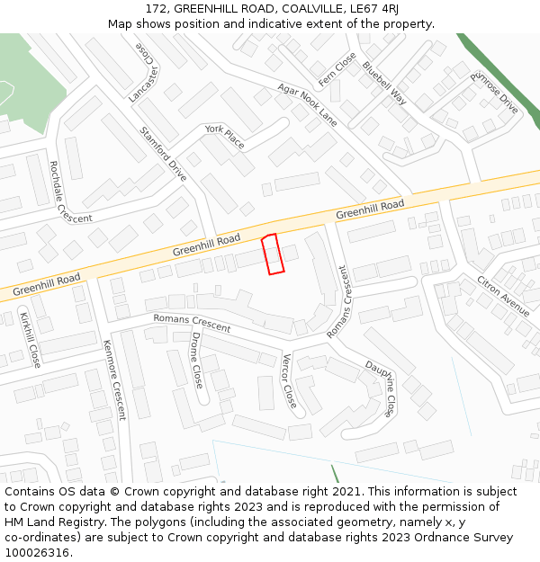 172, GREENHILL ROAD, COALVILLE, LE67 4RJ: Location map and indicative extent of plot