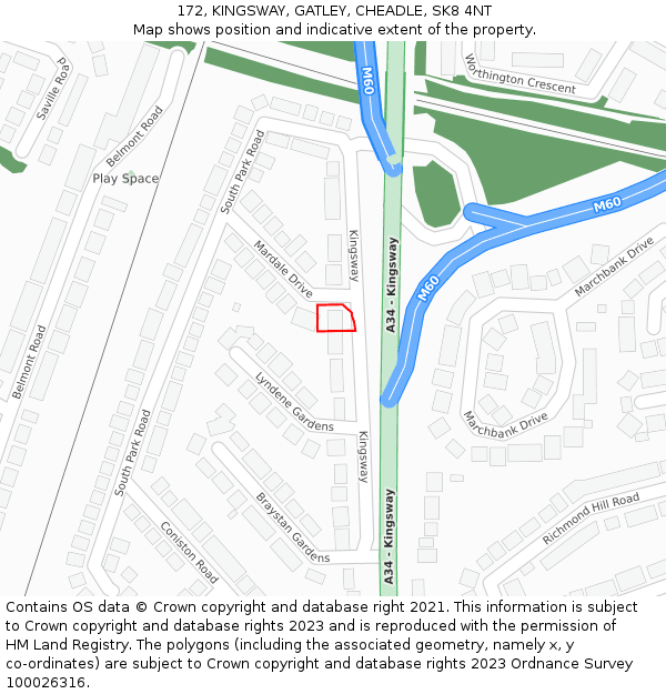 172, KINGSWAY, GATLEY, CHEADLE, SK8 4NT: Location map and indicative extent of plot