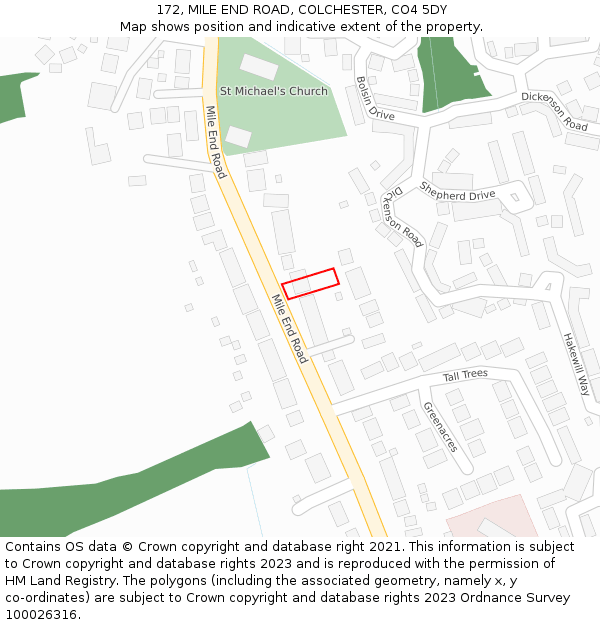 172, MILE END ROAD, COLCHESTER, CO4 5DY: Location map and indicative extent of plot