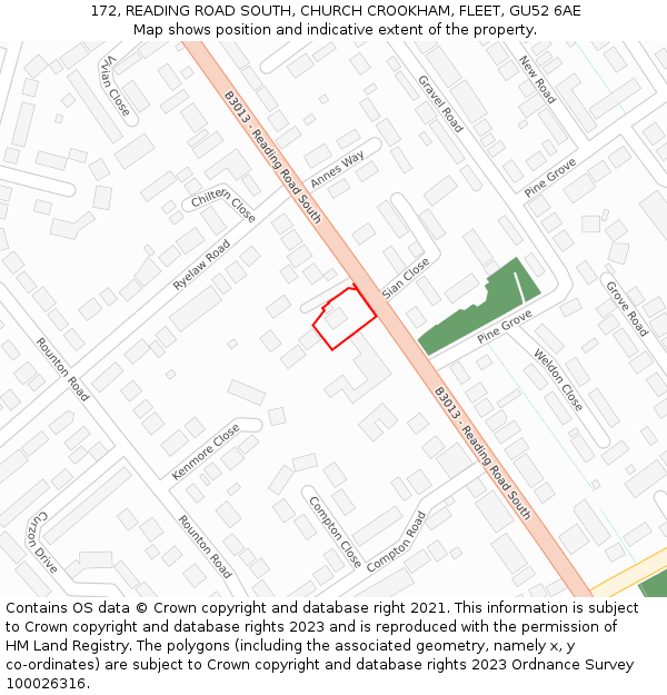 172, READING ROAD SOUTH, CHURCH CROOKHAM, FLEET, GU52 6AE: Location map and indicative extent of plot