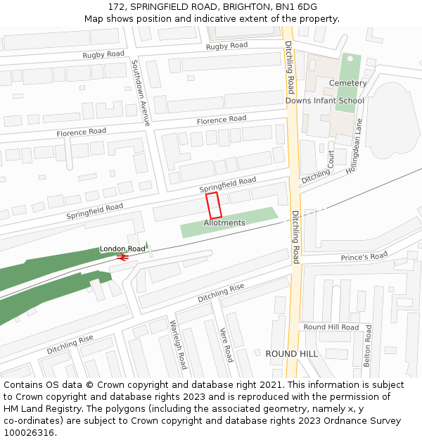 172, SPRINGFIELD ROAD, BRIGHTON, BN1 6DG: Location map and indicative extent of plot