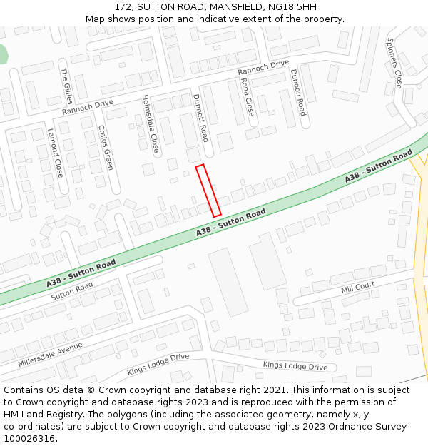 172, SUTTON ROAD, MANSFIELD, NG18 5HH: Location map and indicative extent of plot
