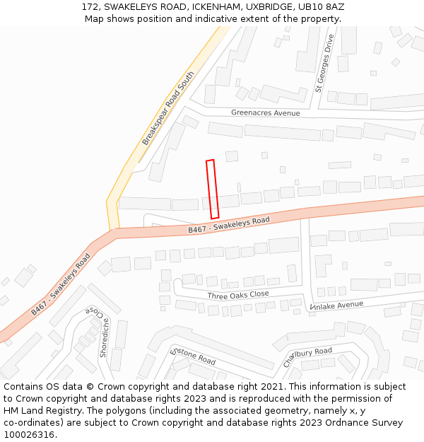 172, SWAKELEYS ROAD, ICKENHAM, UXBRIDGE, UB10 8AZ: Location map and indicative extent of plot