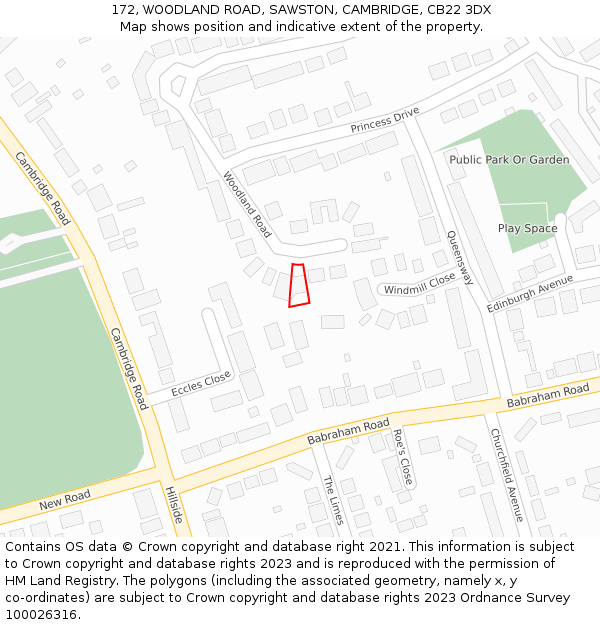 172, WOODLAND ROAD, SAWSTON, CAMBRIDGE, CB22 3DX: Location map and indicative extent of plot