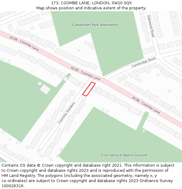 173, COOMBE LANE, LONDON, SW20 0QX: Location map and indicative extent of plot