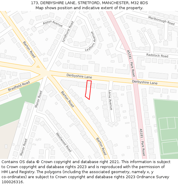 173, DERBYSHIRE LANE, STRETFORD, MANCHESTER, M32 8DS: Location map and indicative extent of plot