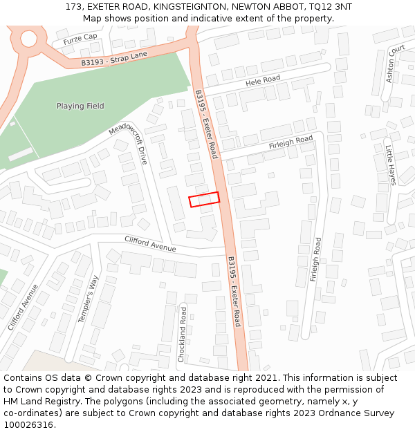 173, EXETER ROAD, KINGSTEIGNTON, NEWTON ABBOT, TQ12 3NT: Location map and indicative extent of plot