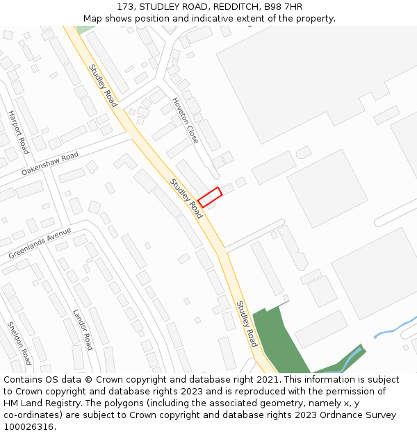 173, STUDLEY ROAD, REDDITCH, B98 7HR: Location map and indicative extent of plot