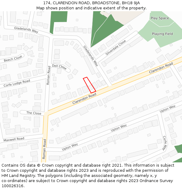 174, CLARENDON ROAD, BROADSTONE, BH18 9JA: Location map and indicative extent of plot