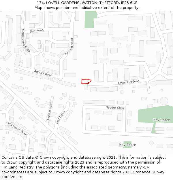 174, LOVELL GARDENS, WATTON, THETFORD, IP25 6UF: Location map and indicative extent of plot