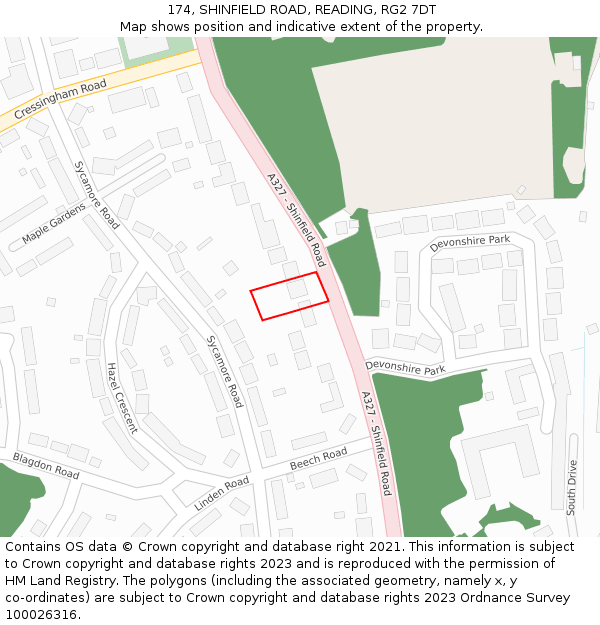 174, SHINFIELD ROAD, READING, RG2 7DT: Location map and indicative extent of plot