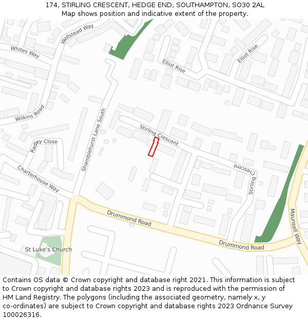 174, STIRLING CRESCENT, HEDGE END, SOUTHAMPTON, SO30 2AL: Location map and indicative extent of plot