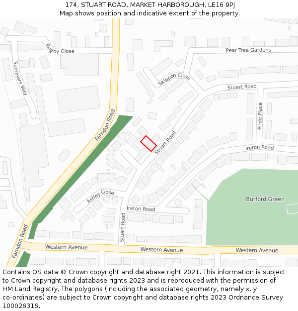 174, STUART ROAD, MARKET HARBOROUGH, LE16 9PJ: Location map and indicative extent of plot