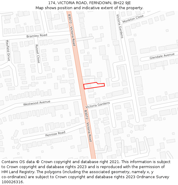 174, VICTORIA ROAD, FERNDOWN, BH22 9JE: Location map and indicative extent of plot