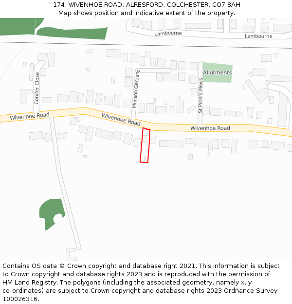 174, WIVENHOE ROAD, ALRESFORD, COLCHESTER, CO7 8AH: Location map and indicative extent of plot