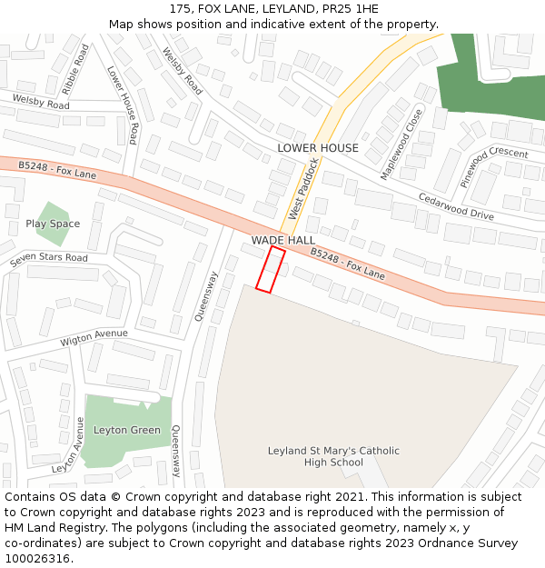 175, FOX LANE, LEYLAND, PR25 1HE: Location map and indicative extent of plot