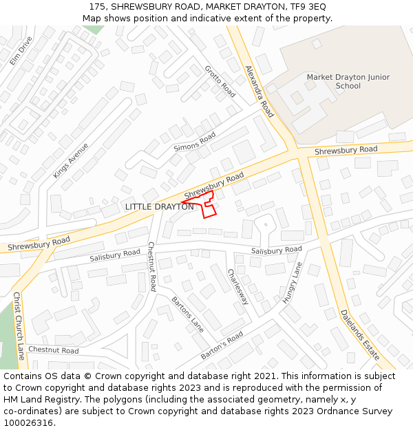 175, SHREWSBURY ROAD, MARKET DRAYTON, TF9 3EQ: Location map and indicative extent of plot