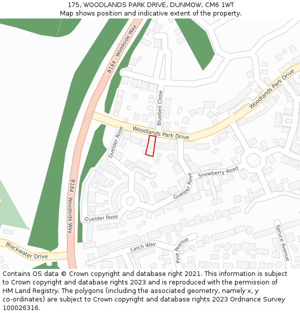 175, WOODLANDS PARK DRIVE, DUNMOW, CM6 1WT: Location map and indicative extent of plot