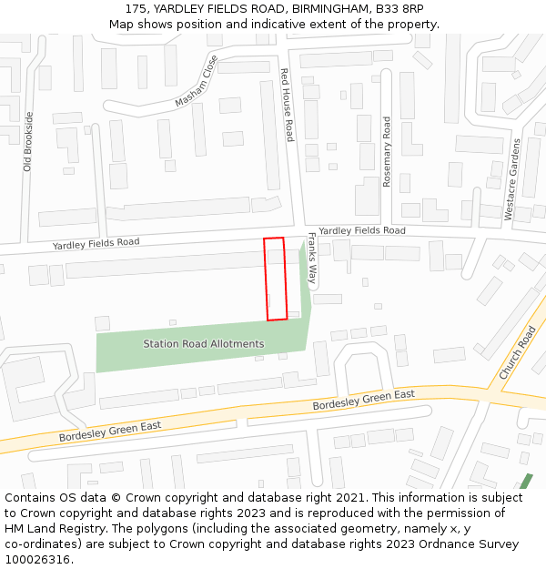 175, YARDLEY FIELDS ROAD, BIRMINGHAM, B33 8RP: Location map and indicative extent of plot