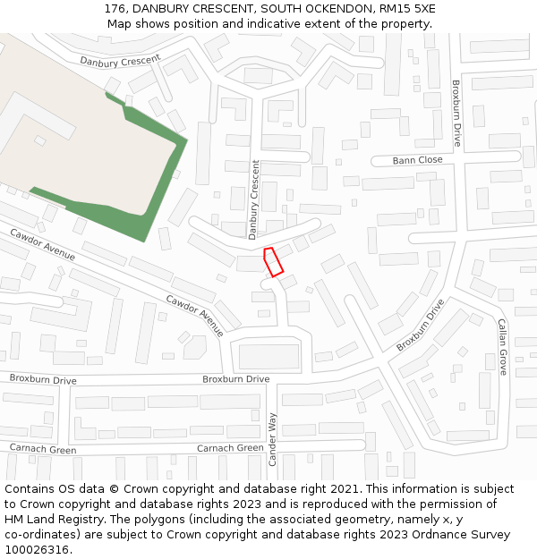 176, DANBURY CRESCENT, SOUTH OCKENDON, RM15 5XE: Location map and indicative extent of plot