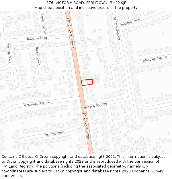 176, VICTORIA ROAD, FERNDOWN, BH22 9JE: Location map and indicative extent of plot