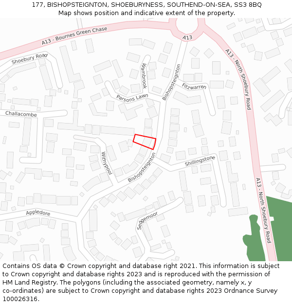 177, BISHOPSTEIGNTON, SHOEBURYNESS, SOUTHEND-ON-SEA, SS3 8BQ: Location map and indicative extent of plot