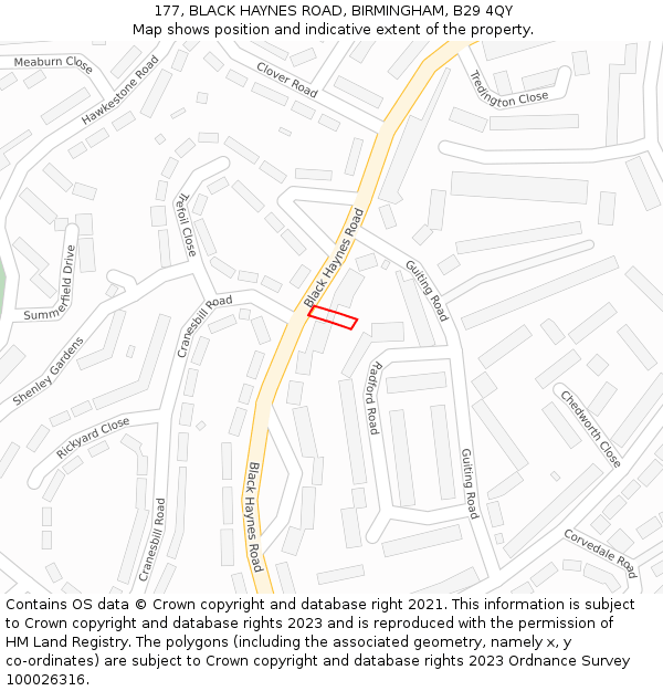 177, BLACK HAYNES ROAD, BIRMINGHAM, B29 4QY: Location map and indicative extent of plot