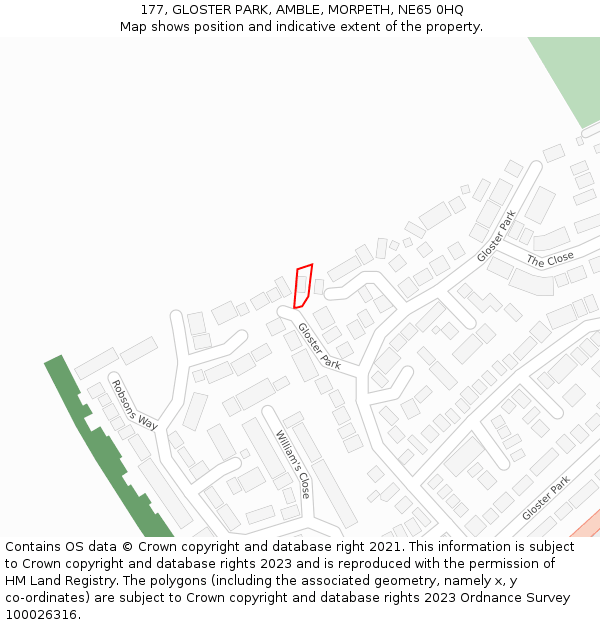 177, GLOSTER PARK, AMBLE, MORPETH, NE65 0HQ: Location map and indicative extent of plot