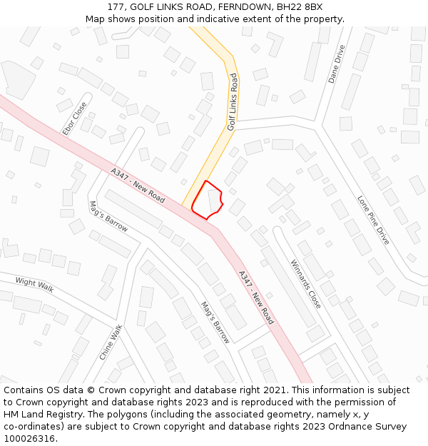 177, GOLF LINKS ROAD, FERNDOWN, BH22 8BX: Location map and indicative extent of plot